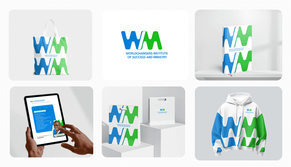 Worldchangers School branding with blue and green W&M logo design