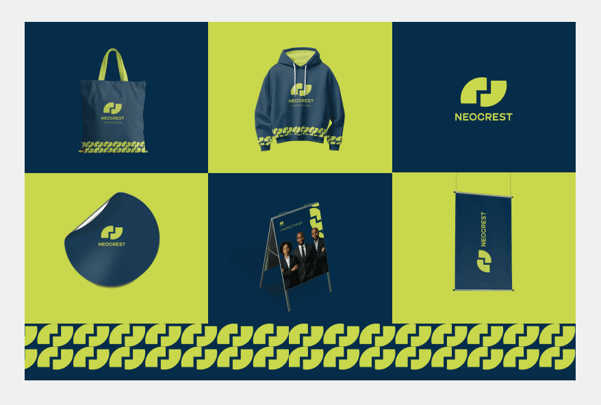 Neocrest Consult branding with yellow and blue design elements