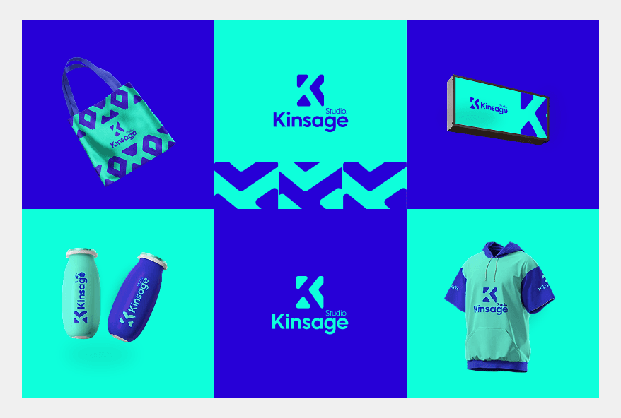 Kinsage Studio branding showcase with blue and green design elements
