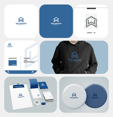 Branding showcase with blue and green design elements