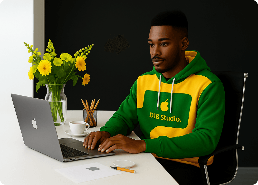 Person in yellow hoodie working on laptop